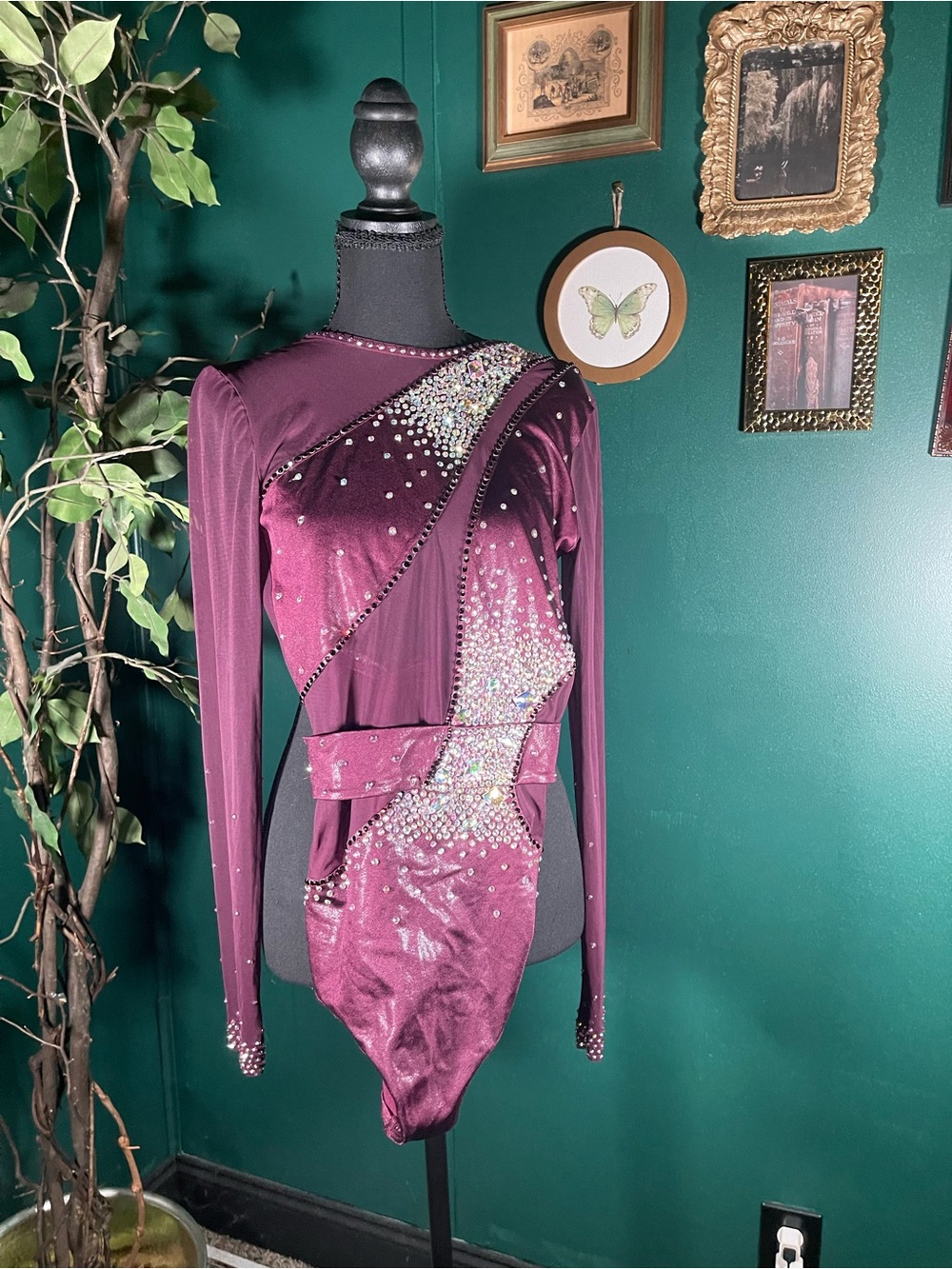 Rhinestone Burgundy Dance Gymnastics Performance Costume